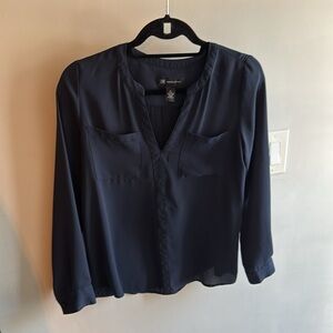 INC Blue Long Sleeve Blouse with Mandarin Collar